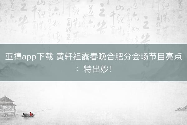 亚搏app下载 黄轩袒露春晚合肥分会场节目亮点：特出妙！