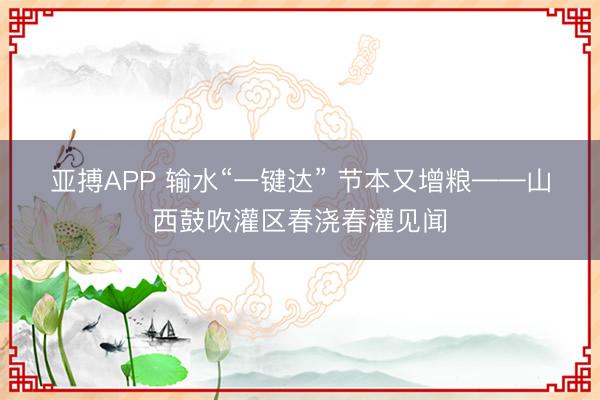 亚搏APP 输水“一键达” 节本又增粮——山西鼓吹灌区春浇春灌见闻